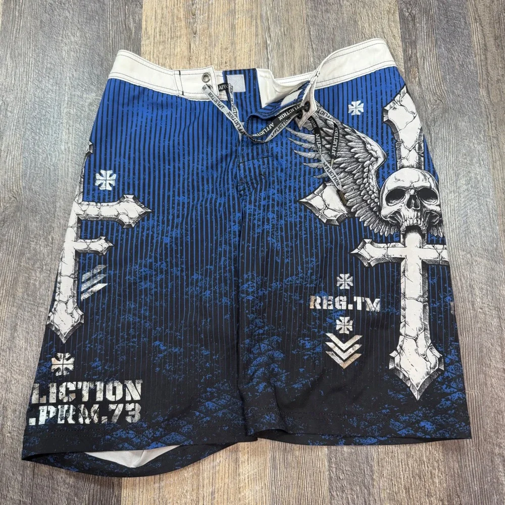 Affliction Board Shorts Men Size 30 Blue Black Skull Cross Winged Graphic MMA